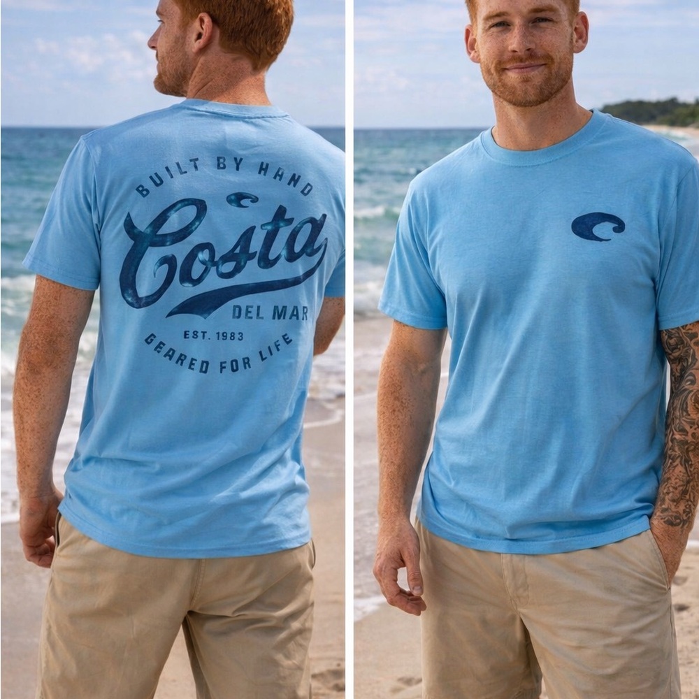 🆕 Costa Del Mar Blue Graphic Tee Men’s Medium Fishing Beach Logo Shirt NWT